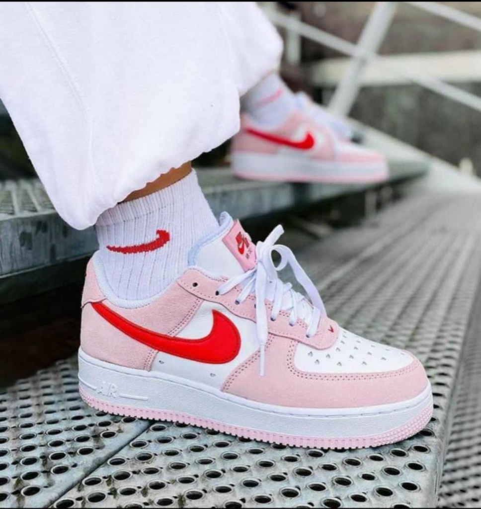 Nike mens Air Force 1 baby pink and red logo with white detail