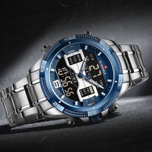 Digital And Analog LED Display Watch _ Silver Blue