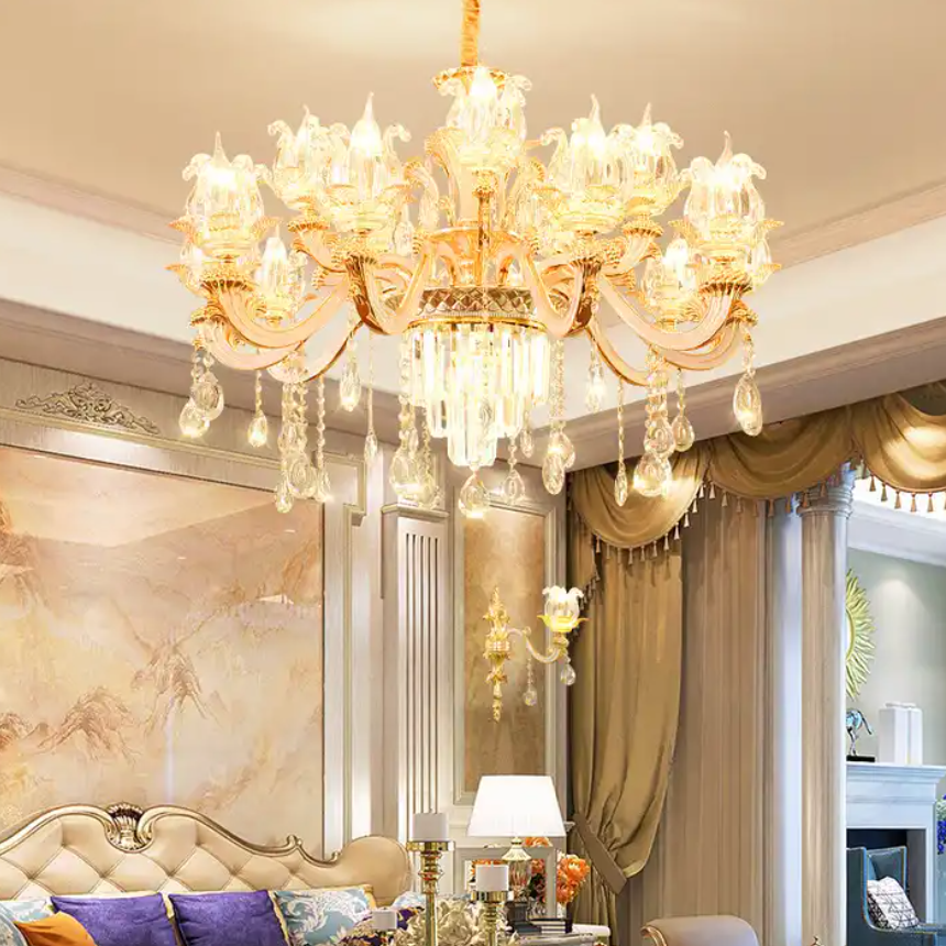 Lighting European Luxury Modern Big Golden Crystal Glass Staircase Villa Living Room Chandeliers