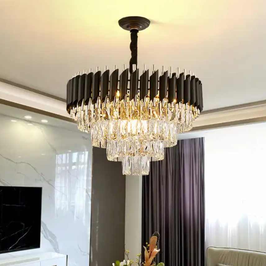 Round indoor luxury ceiling chandelier black gold LED home modern crystal Chandeliers & Pendant Lights