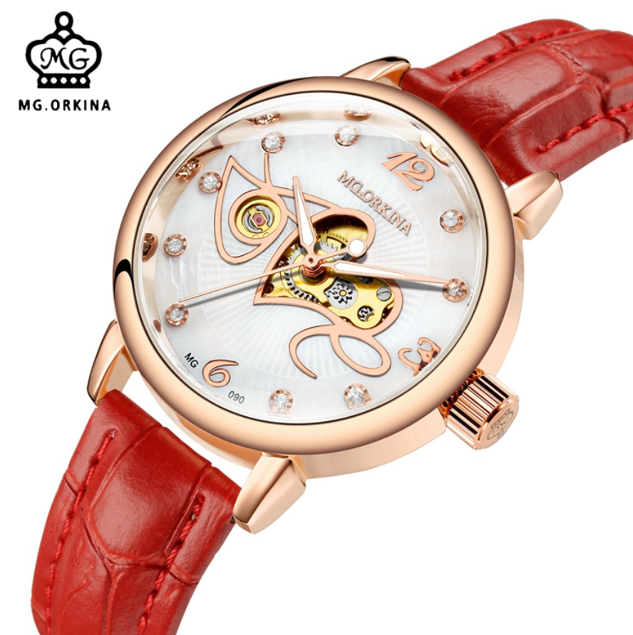 MG.ORKINA MG090 Newest Women Beautiful Rhinestone Leather Strap Mechanical Automatic Classic Dress Watch