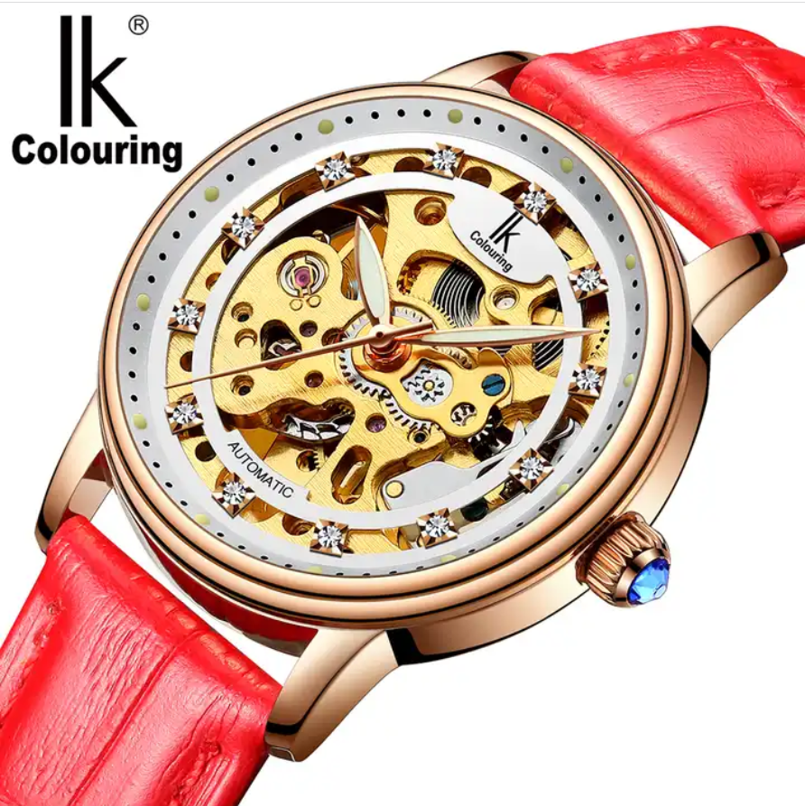 IK Colouring 98465G2 Women Luxury Automatic Mechanical Wristwatch Elegant Luminous Skeleton Self-wind Watches for Lady