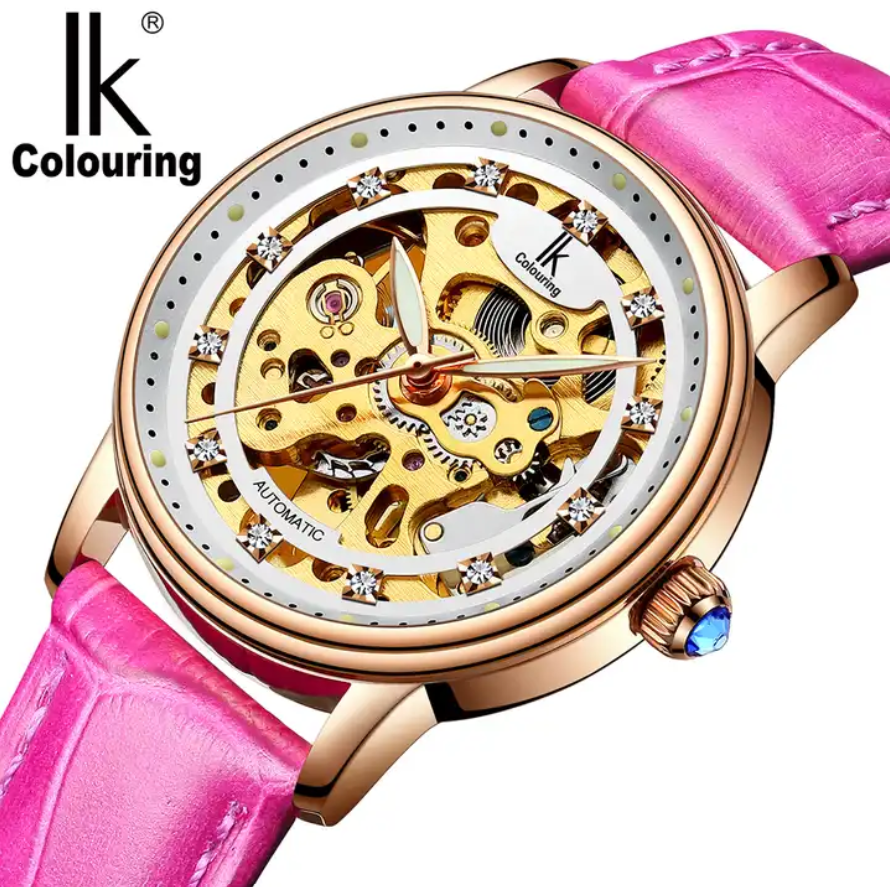 IK Colouring 98465G2 Women Luxury Automatic Mechanical Wristwatch Elegant Luminous Skeleton Self-wind Watches for Lady