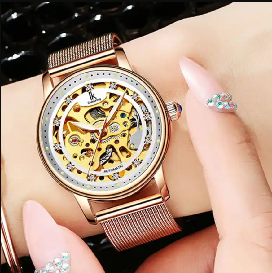 IK Colouring 98465G2 Women Luxury Automatic Mechanical Wristwatch Elegant Luminous Skeleton Self-wind Watches for Lady