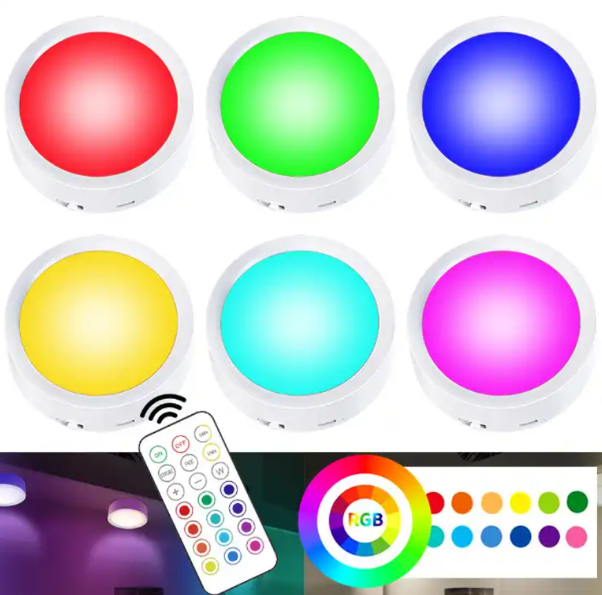 Rechargeable Under Cabinet Lights Wireless LED Puck Lights with Remote Control, RGB Dimmable Under Cupboard Lighting USB Charg