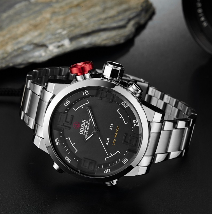 OHSEN AD1608 Luxury Mens LED Digital Quartz Watch 50M Diving Sports Steel Wristwatch reloj hombre