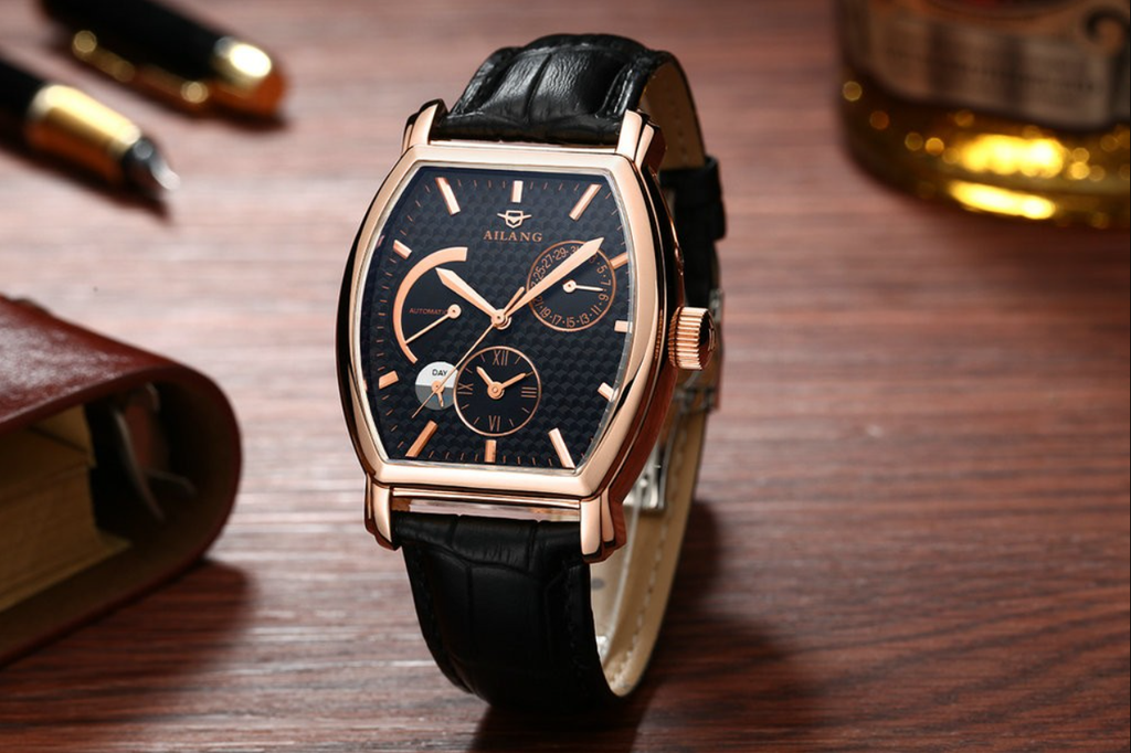 AILANG 5810 Tonneau High Quality Watches Date Automatic Mechanical Wristwatch Leather Watch For Male