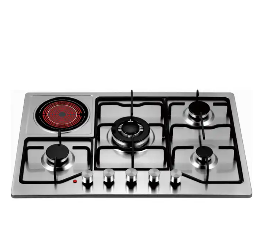 Stainless Steel Gas Electric Hob, built in cook top 5 burner gas cooker