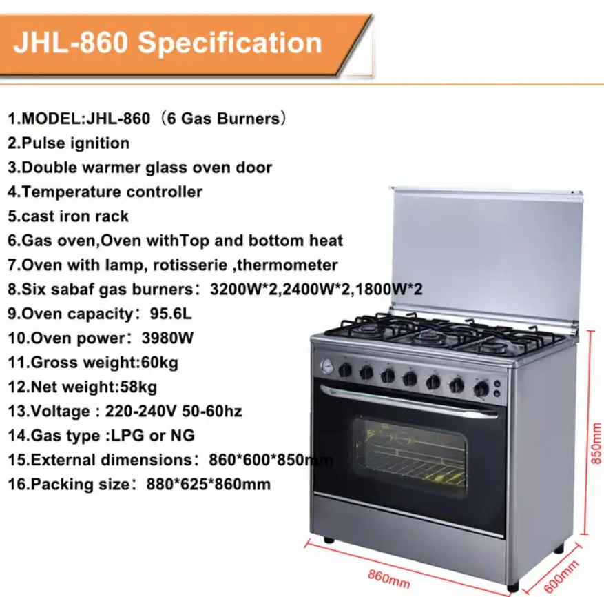 Freestanding 6 Burners Gas Rang With Oven , electric deck oven