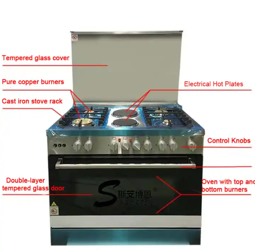 OEM Design 4 Burners and 2 Electronic hot plates free standing commercial kitchen gas range stove cooker with oven grill