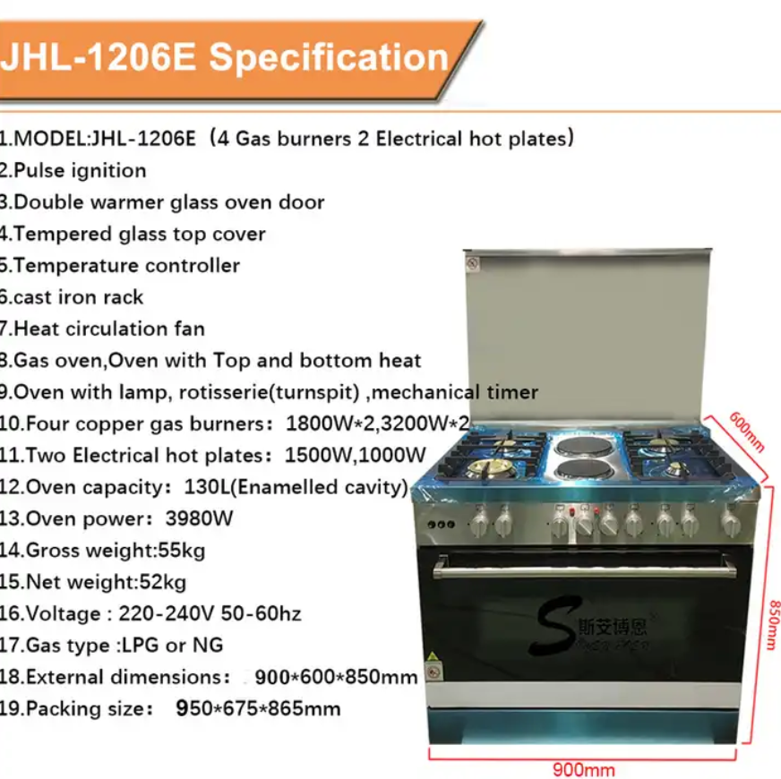 OEM Design 4 Burners and 2 Electronic hot plates free standing commercial kitchen gas range stove cooker with oven grill