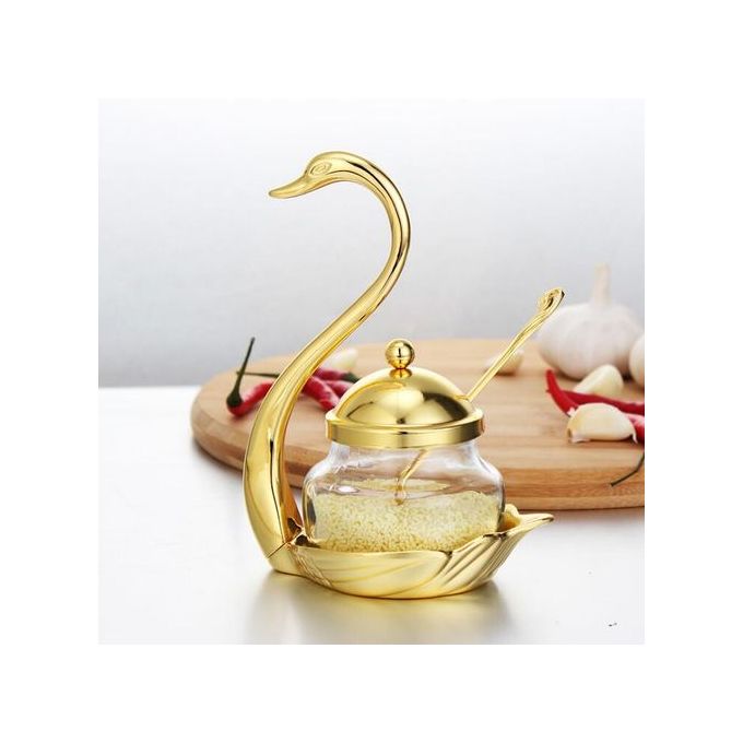 Sugar Bowl /Salt Glass Jar With Serving Spoon - Gold