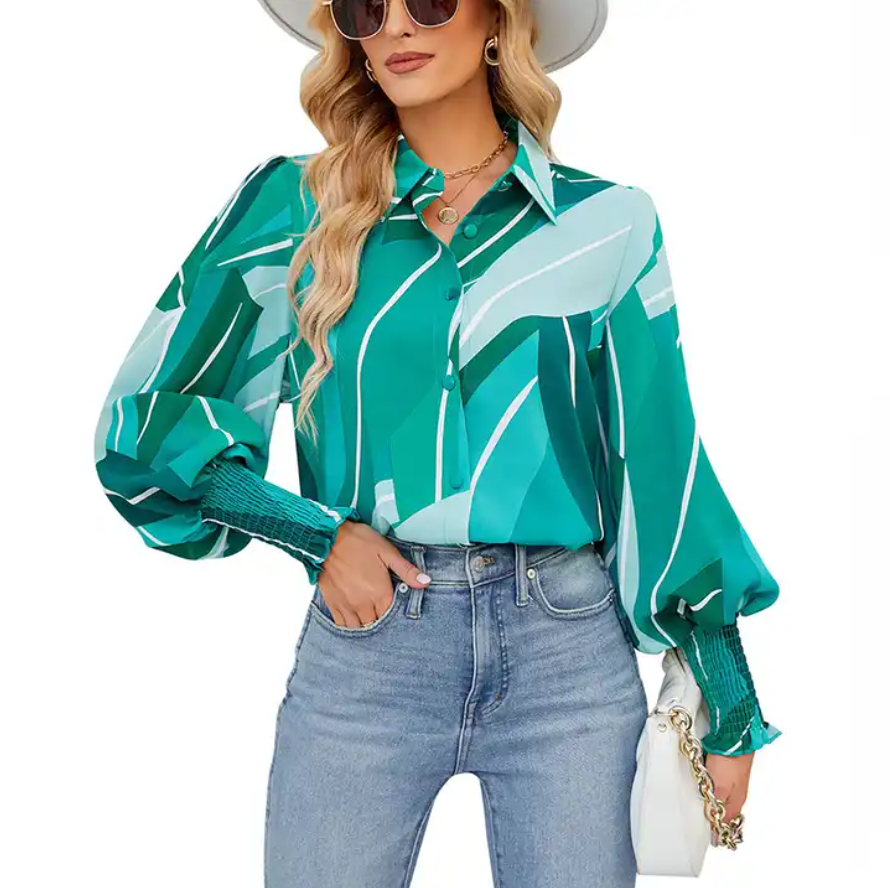 Ribbed Black Green Frill V Neck Puff Long Sleeve Shirts Fashion Tops Blouse Women Clothing