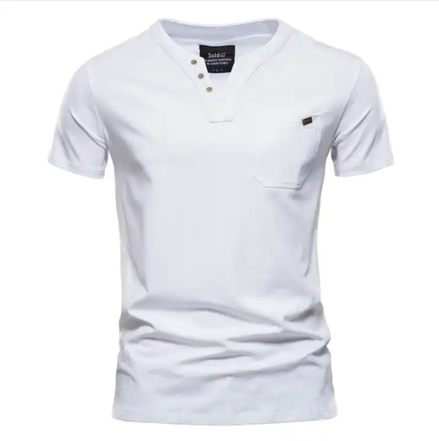 Summer Casual T-shirt Men's Fashion Trend Sports Tee Slim Cotton Plain V Neck T-shirts With Pocket