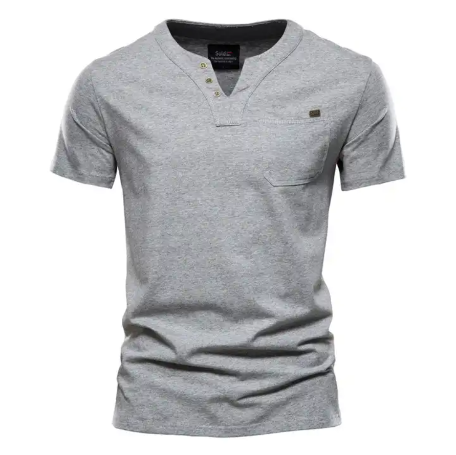 Summer Casual T-shirt Men's Fashion Trend Sports Tee Slim Cotton Plain V Neck T-shirts With Pocket