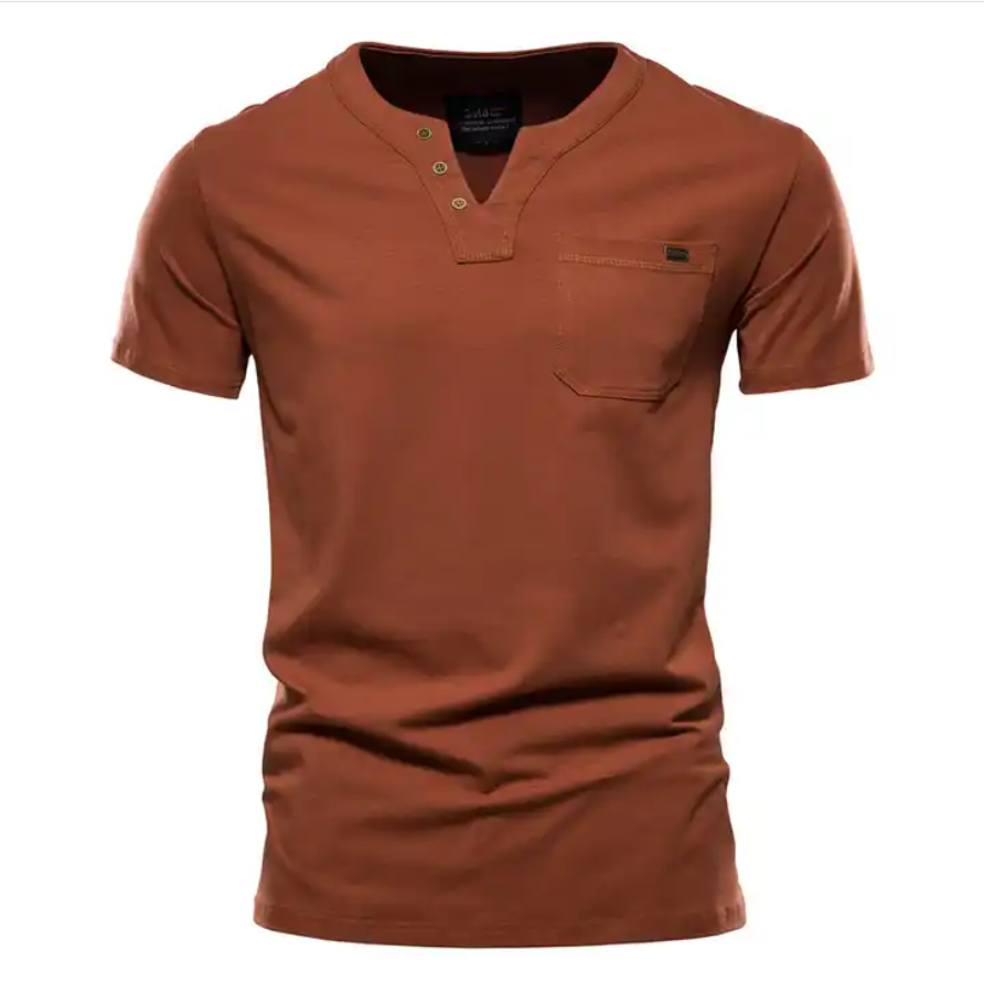 Summer Casual T-shirt Men's Fashion Trend Sports Tee Slim Cotton Plain V Neck T-shirts With Pocket