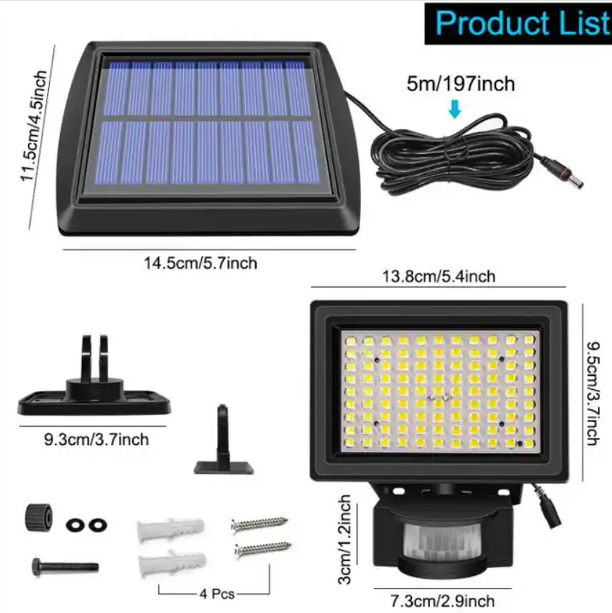 Solar Security Floodlight PIR Sensor Motion And Light Detected Wireless Spotlight for Front Door, Driveway, Yard, Garage