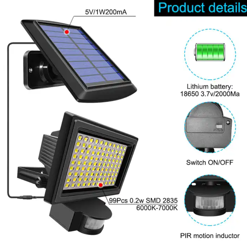 Solar Security Floodlight PIR Sensor Motion And Light Detected Wireless Spotlight for Front Door, Driveway, Yard, Garage