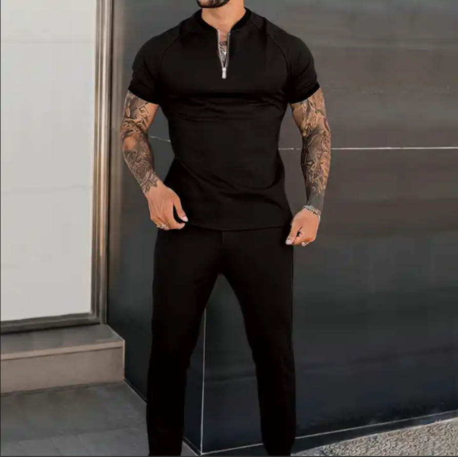 Summer Men Two Piece Sets , Men Streetwear Casual Tracksuit O Neck Short Sleeve T-shirts Trousers Set