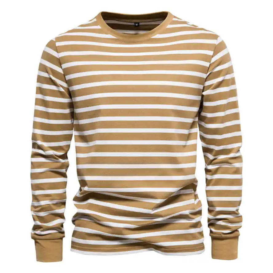 New Casual Long Sleeve T -shirt Men's 100% Cotton Stripes Round Neck Men's Bottom Shirt