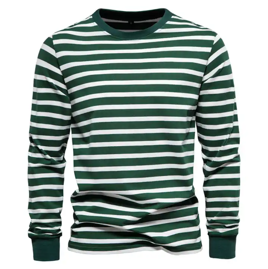 New Casual Long Sleeve T -shirt Men's 100% Cotton Stripes Round Neck Men's Bottom Shirt