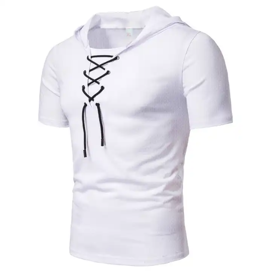 Hooded Tees Lacing Short Sleeve T-Shirt Slim Fit Clothing Mesh Tee Shirt