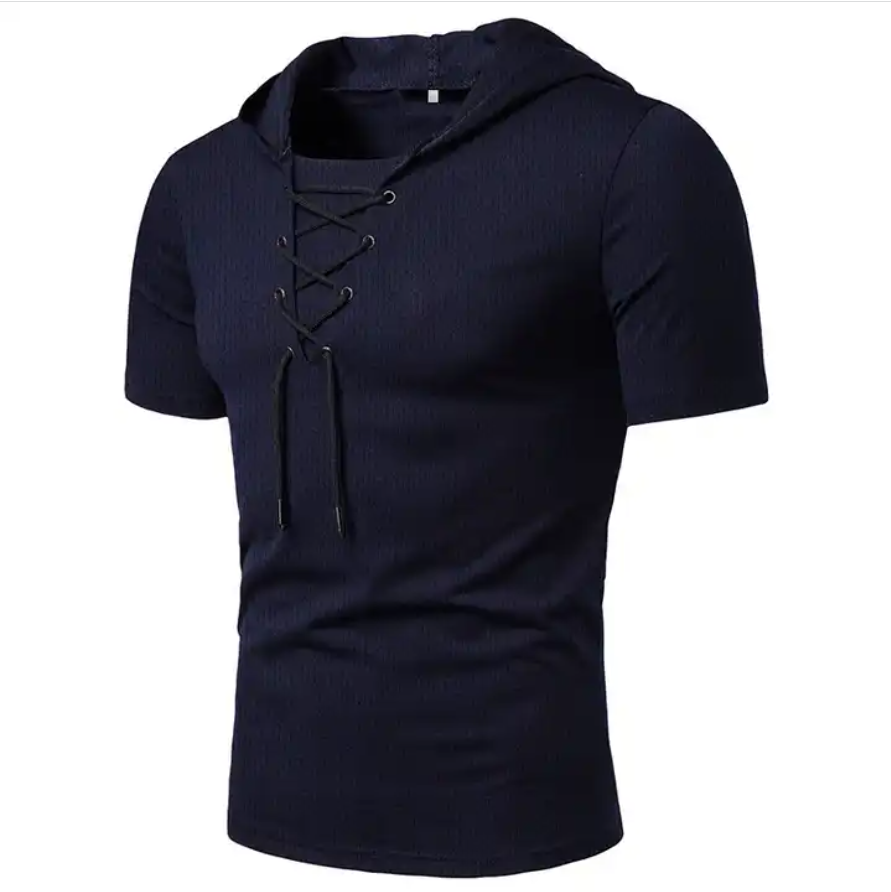 Hooded Tees Lacing Short Sleeve T-Shirt Slim Fit Clothing Mesh Tee Shirt