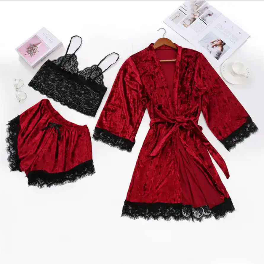 Three Piece Sexy Velour Romantic Sleepwear Short Crop Top Velvet Pyjamas Set For Women