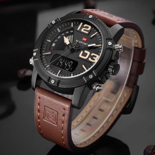 Faux Leather Strapped Watch(Digital +Analogue) - Brown