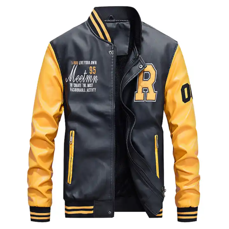 Plus Size Men's Embroidery Baseball Pu Jackets Coats Slim Fit Pilot Leather Jackets