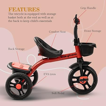 baybee Tricycle for Kids, Plug n Play Kids Trike Ride on with Storage Space Kids Toys, Kids Tricycle| Baby Cycle for Kids - red