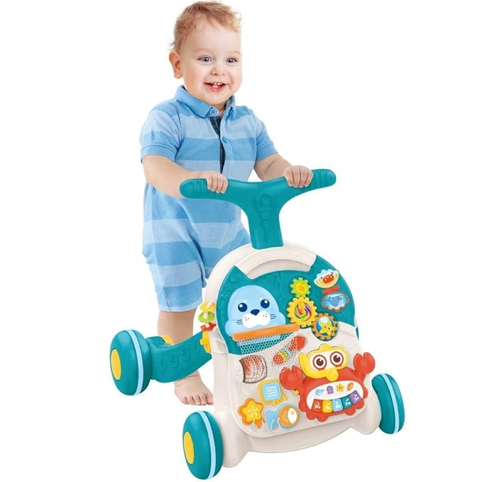 HUANGER-4 in 1 Baby Multifunction Walker, Game Panel, Sit-to-Stand Walker, Kids Multifunctional Activity Centre Music (blue)