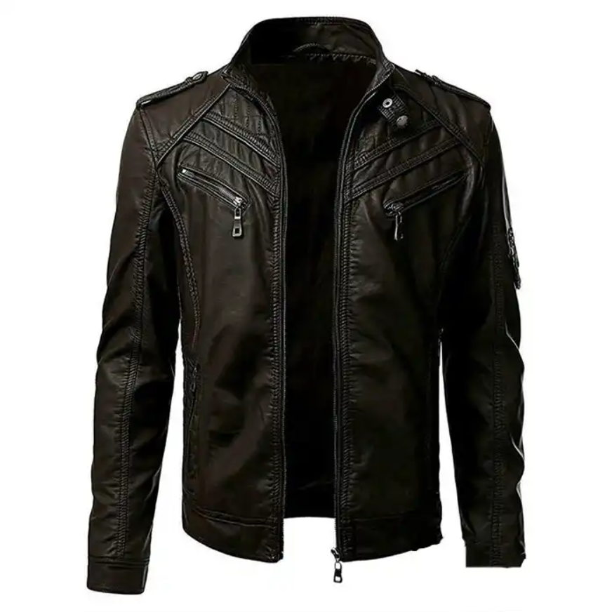 S-5xl Men's Bicycle Leather Jacket Splicing Stand Collar Jacket Men Fashion Leather Jacket