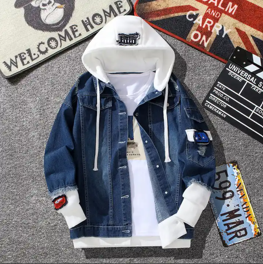 Men's Hip Hop Denim Coat Retro Jean Jacket Street Casual Bomber Outerwear Hooded Jacket