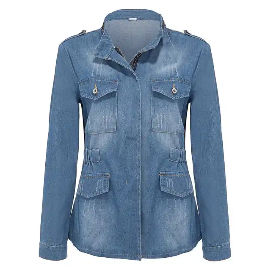 Women Plus Size S-5XL Jean Jackets ,Turn-Down Collar Pocket Casual Denim Coat