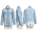 Casual Ladies Washed Water Hole Denim Jacket Long Sleeve Button Coat ,  For Women Clothing