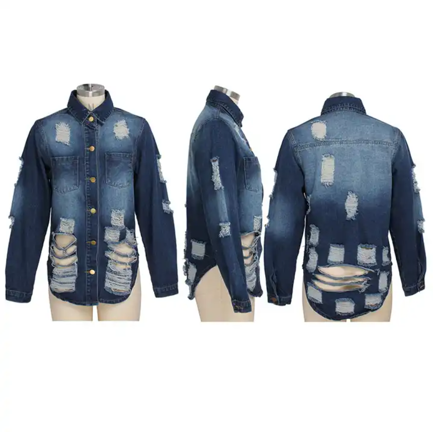 Casual Ladies Washed Water Hole Denim Jacket Long Sleeve Button Coat ,  For Women Clothing