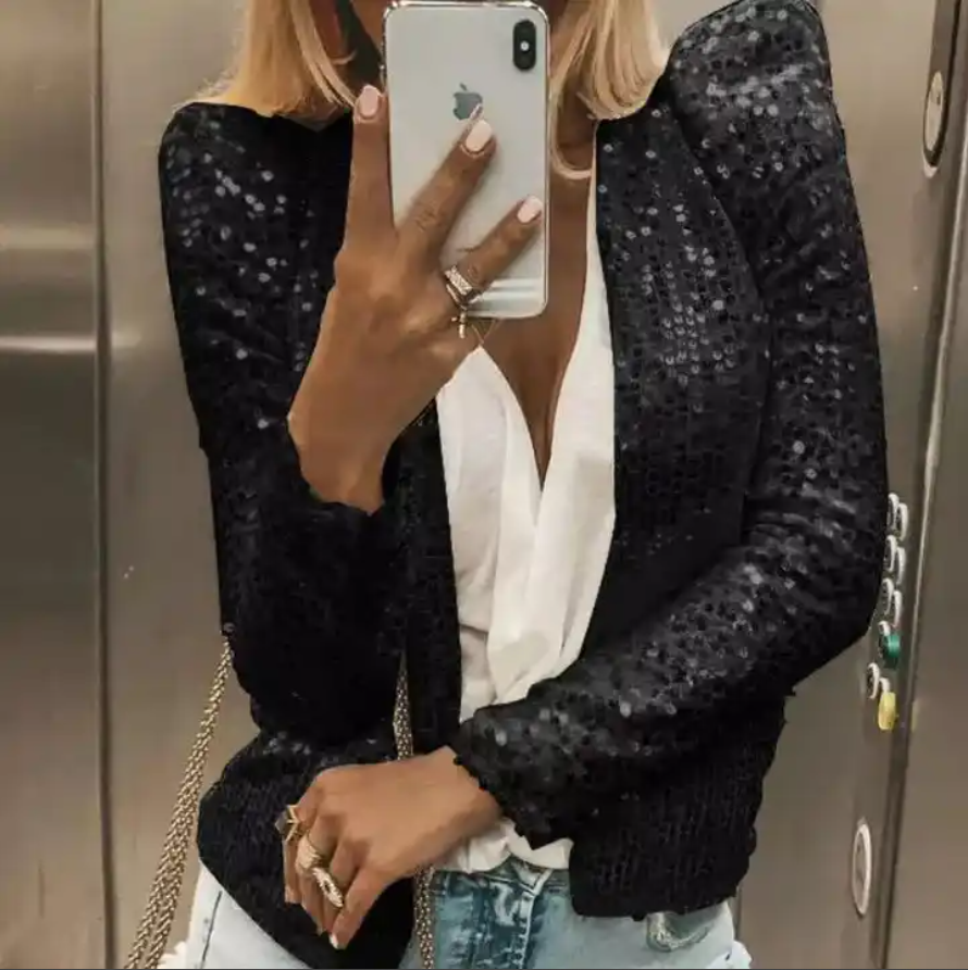 Women's Fashion Stand-up Collar Sequin Coat , Short Casual Small Blazer Jacket