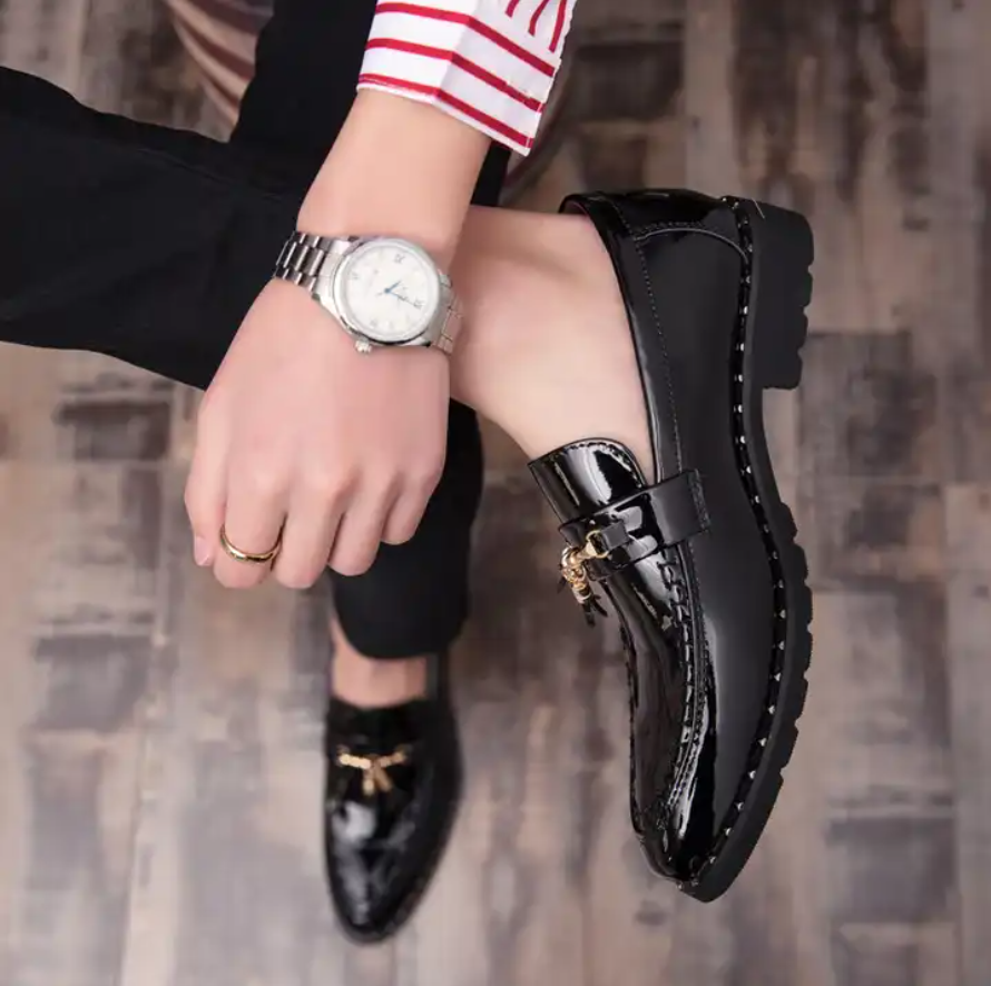 Retro Men Leather Shoes, Slip-on Sequined Tassel Men Dress Loafers Luxury Nightclub Shoes