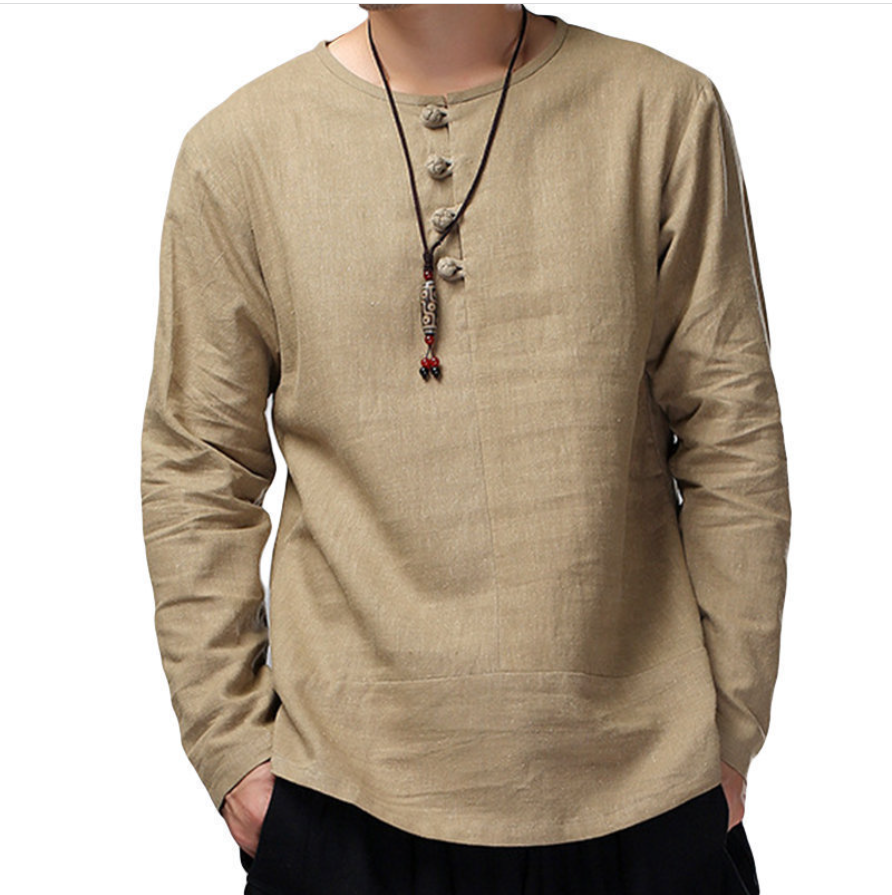 Men Slim Fit Blank T Shirt Button Up O-Neck Long Sleeve