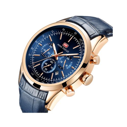 Mini Focus Leather Strapped Chronograph Analog Mens Watch - Blue