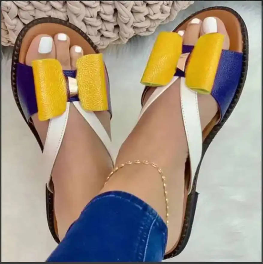 New Flat Patchwork Bow Ladies Sandals