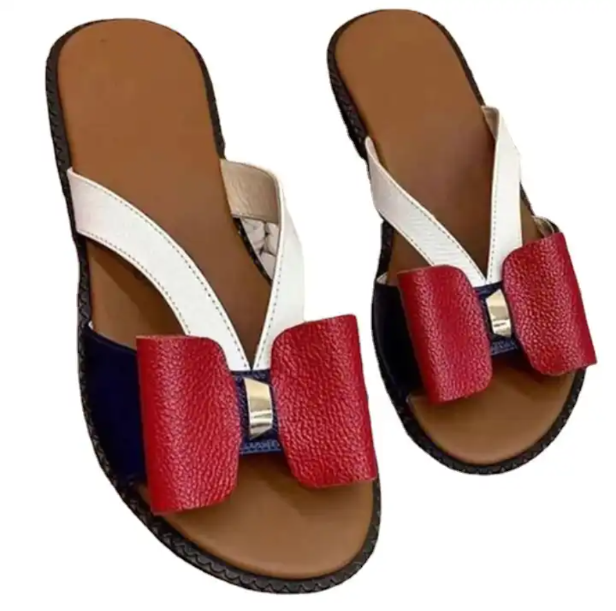 New Flat Patchwork Bow Ladies Sandals