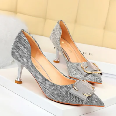 High-Heeled Metal Belt Buckle Women′s Shoes