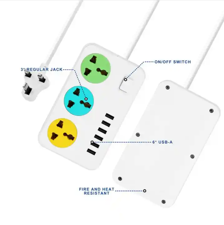 Universal Extension Socket 3 Outlets 6 USB with switch Power Strip