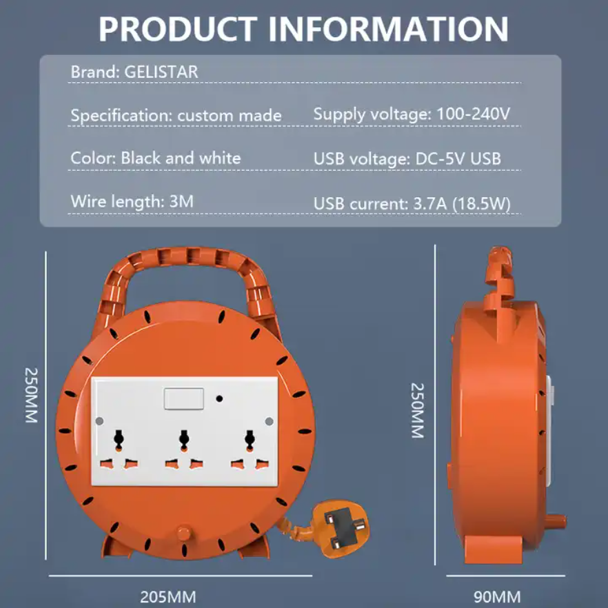 Round Fireproof Overload Protection 3 Power Outlets With Switch Power Socket Strip