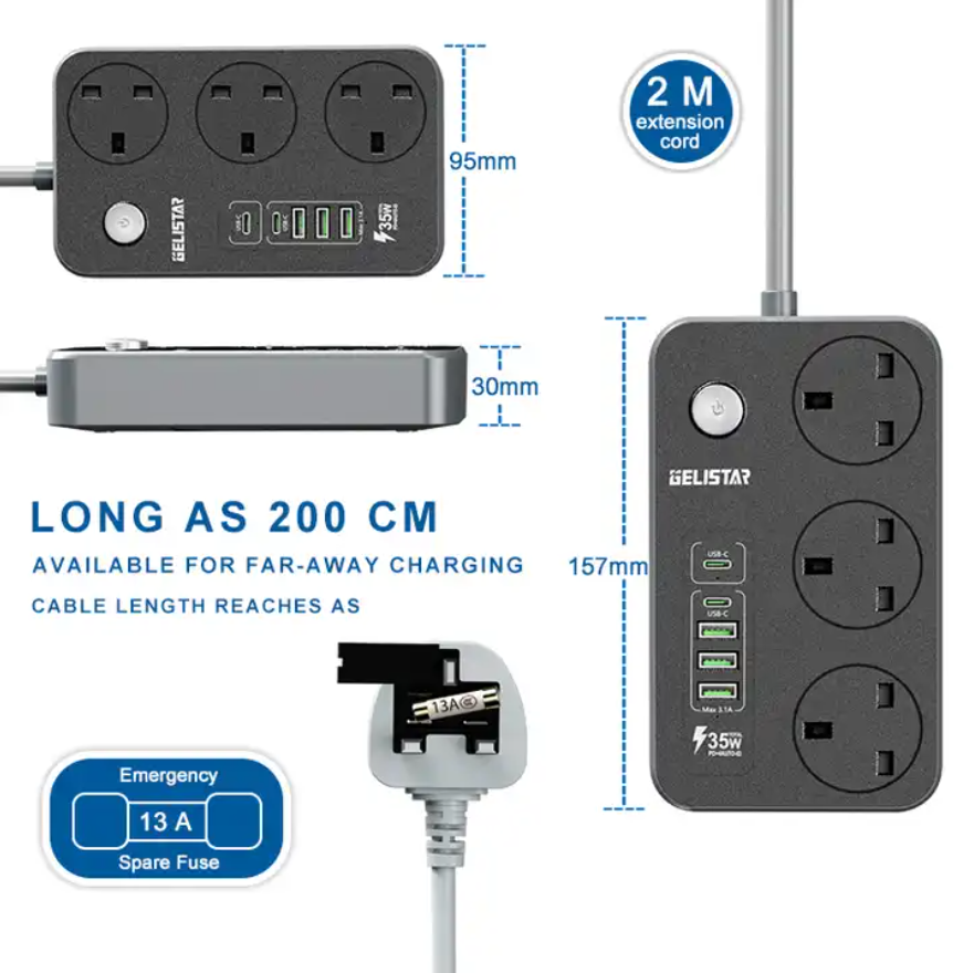 Extension Socket Extension Wire With UK Plug USB Port Electrical Sockets And Switches Power Supply Tabletop Power Strip