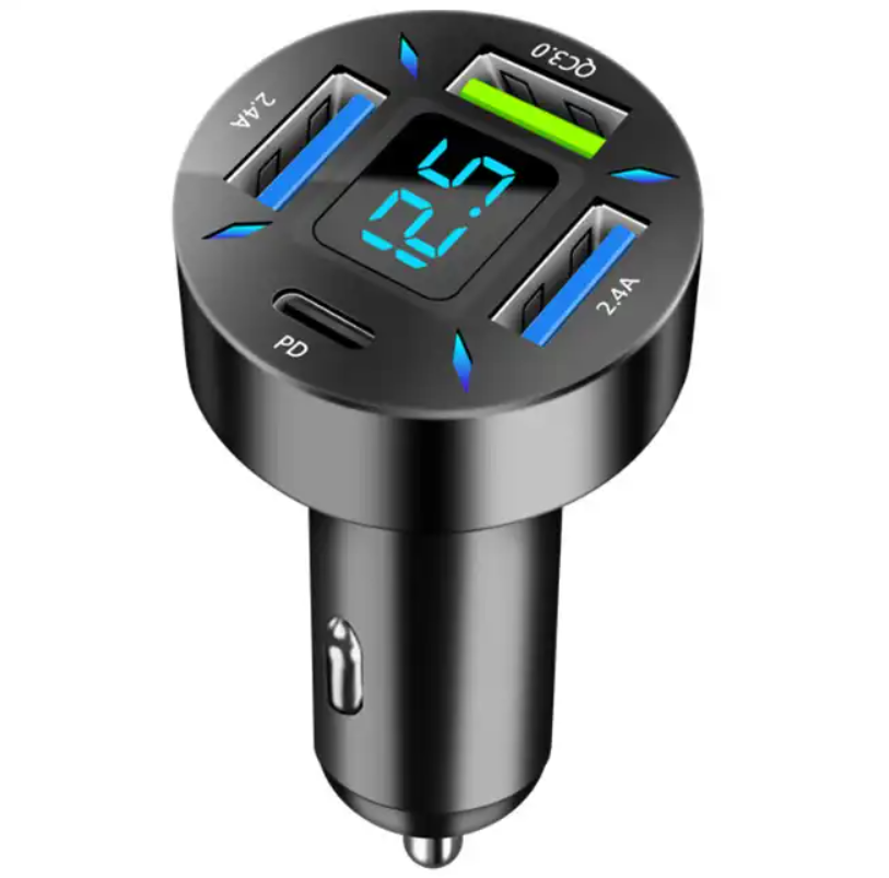 Digital display car charger 4usb 66W fast charge PD mobile phone charging Adapter 1 in 4 QC3.0 car charger