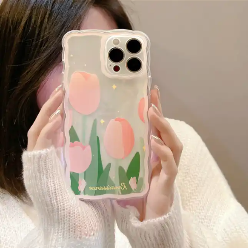 Big Wave Pink Tulip Transparent Soft Shockproof Silicone Phone Case for iPhone13 12 11 Pro max