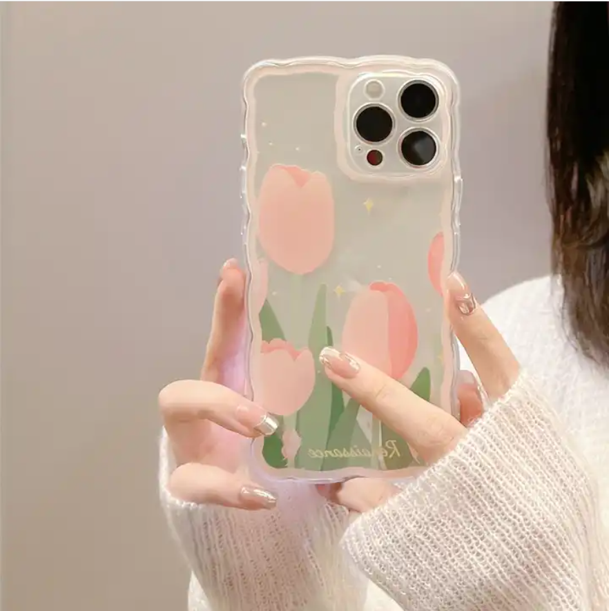 Big Wave Pink Tulip Transparent Soft Shockproof Silicone Phone Case for iPhone13 12 11 Pro max